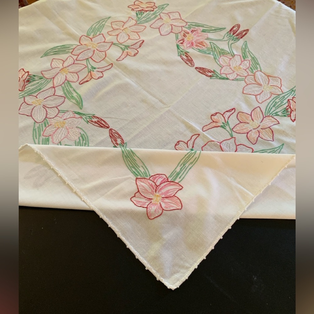 Vintage Embroidered Cotton Red Pink Floral Tablecloth 35" Square